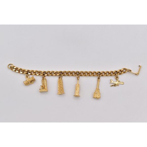 Vintage NYC Landmark Charm Bracelet Gold Tone Skyscraper Dangle Chain 80s BinO - Picture 11 of 12